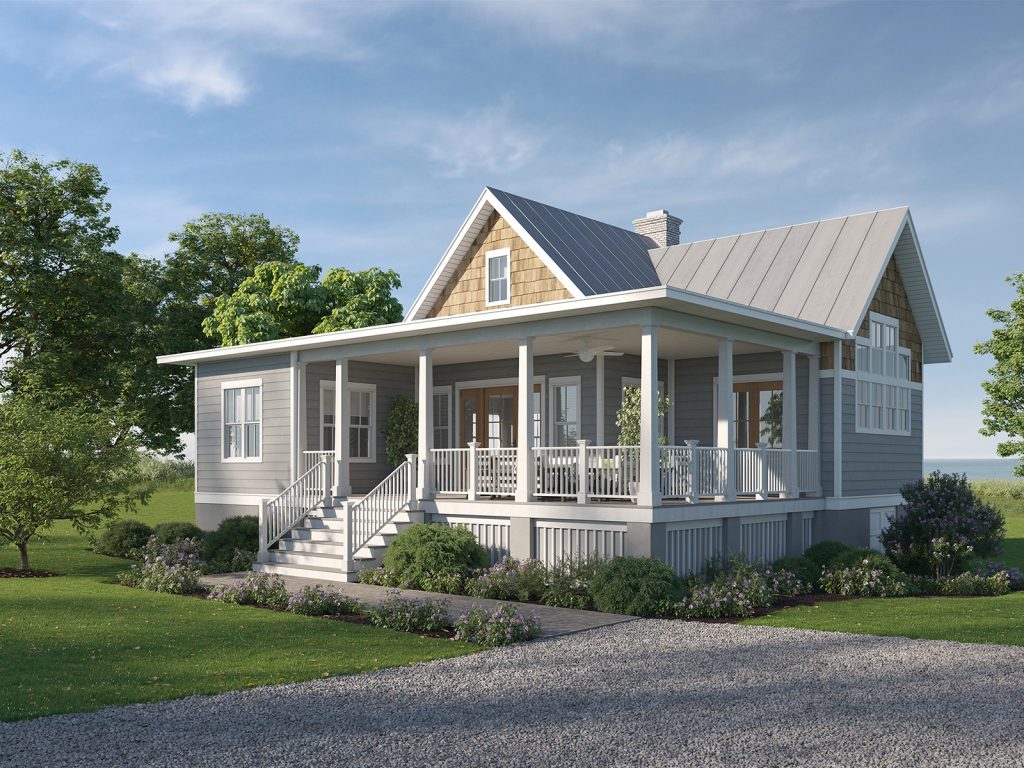 Front elevation of home showing wraparound porch for this new custom home