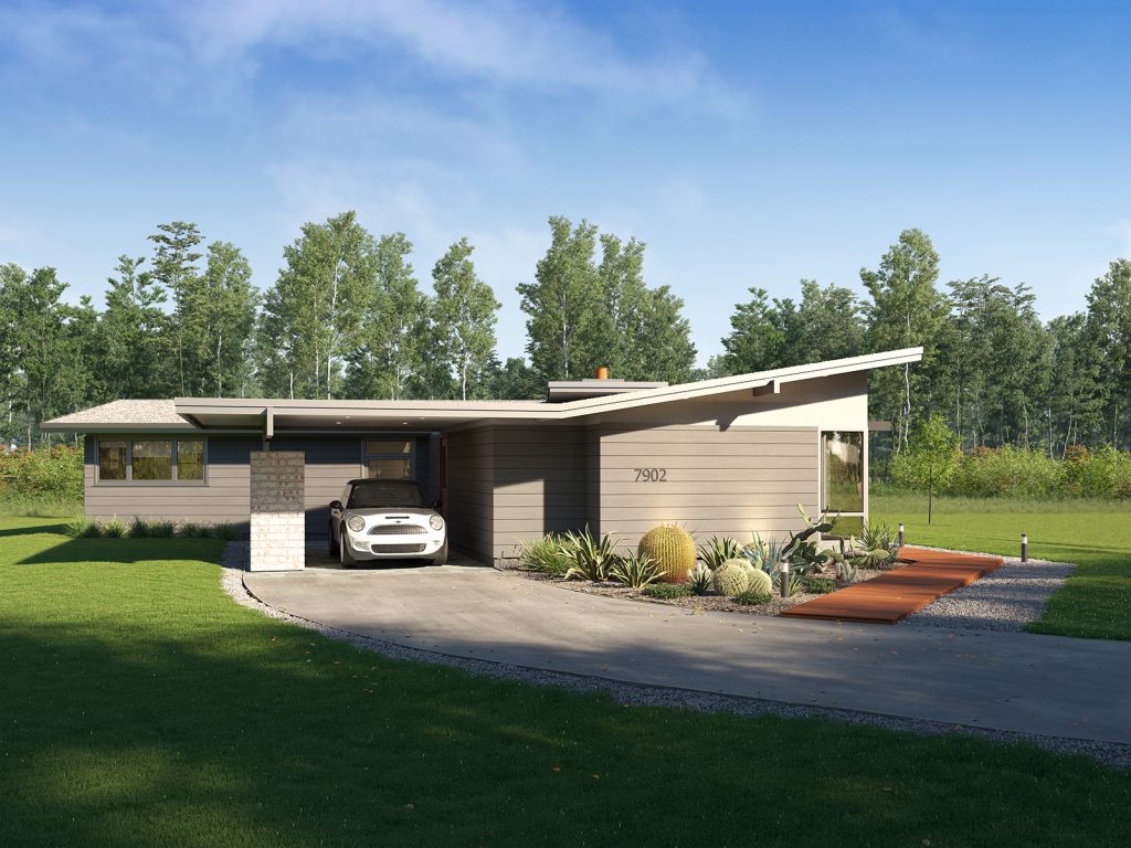 Street view showing new front addition and carport