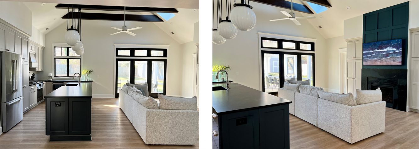 Interior view of home addition with cathedral ceiling great room including open, island kitchen, family seating area and screen-in-porch beyond