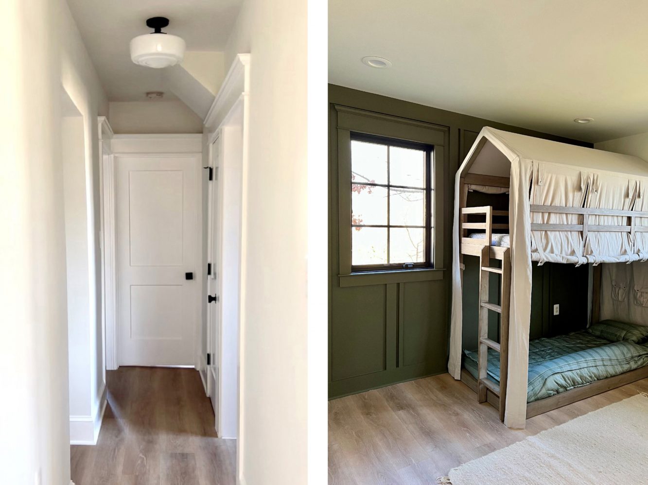 Interior view, at left, of hallway showing new doors, door and base trim, flooring and classic cottage light fixture. Interior view, at right, of boys bedroom showing rich olive color scheme, wall paneling and playful bunk bed.