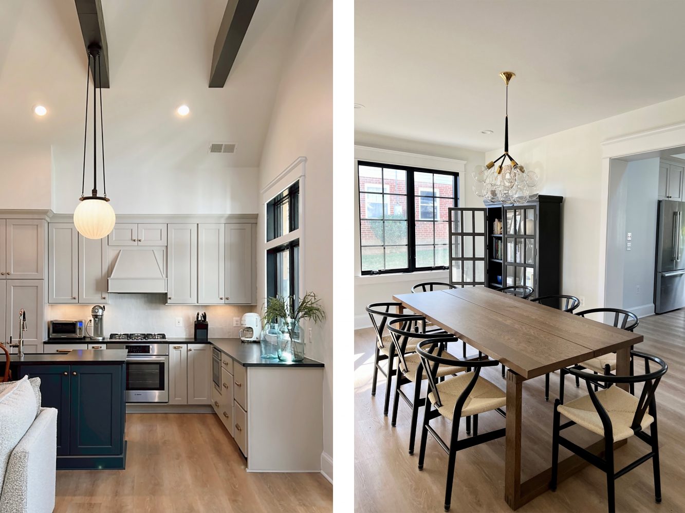 View, at left, of new open transitional modern kitchen showing exposed beams, bone colored wall/base cabinets, slate colored cabinets at island and pendant lighting. View, at right, of new dining room in former original kitchen area where a modern bubble glass pendant and mid-century modern dining set mix playfully with historic trim, windows and hutch. 