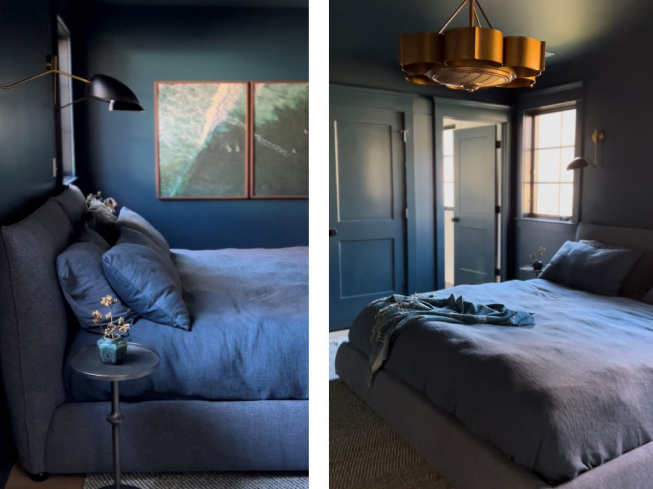 Interior view of primary bedroom showing monochromatic dark interior, organic bed linen and brass touches