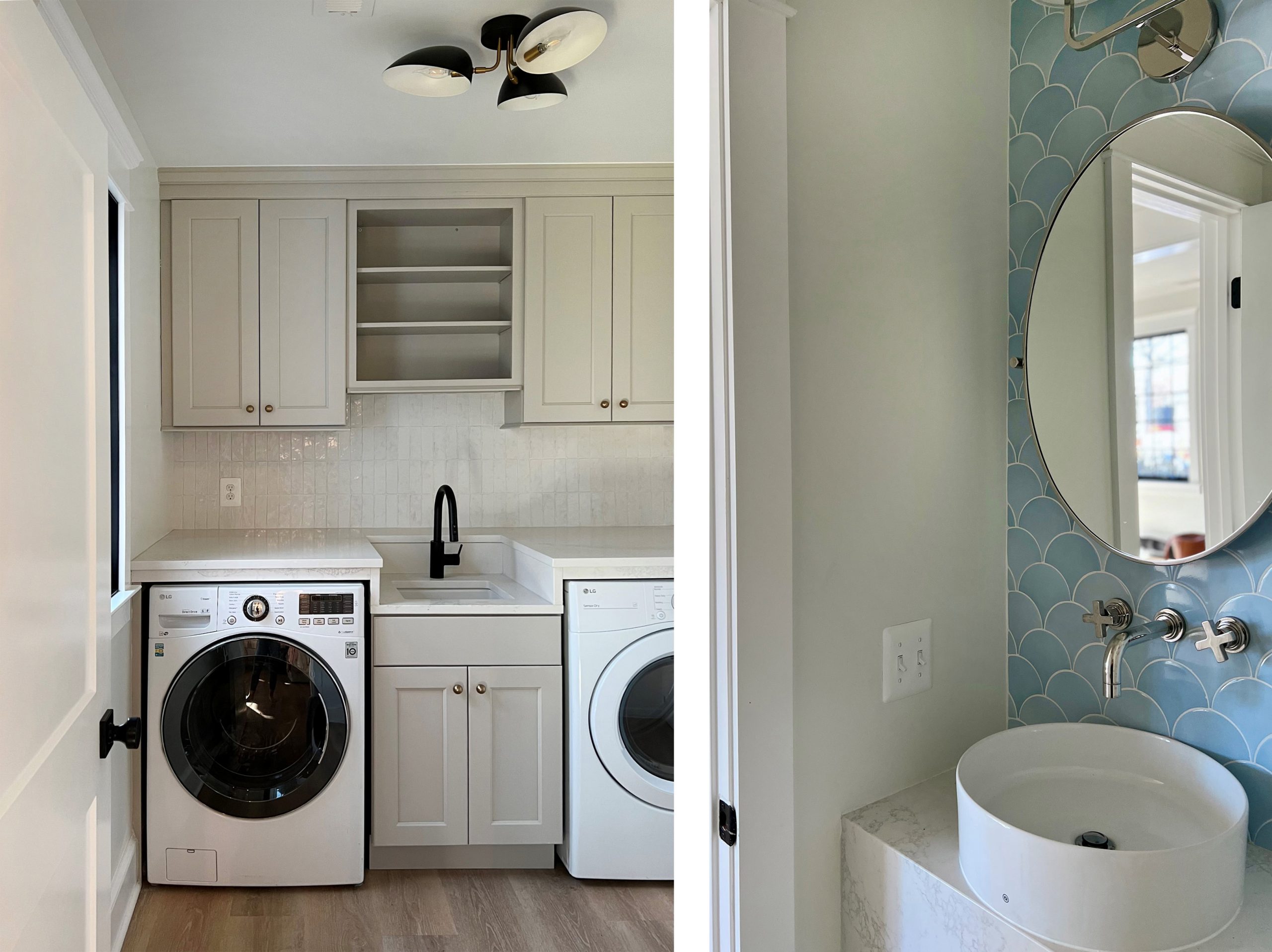 Interior view, at left, of custom laundry cabinet, mid-century modern ceiling light fixture, counter built-ins and tile backplash. Intererior view, at right, of powder room showing vessel sink, wall mounted nickel finish faucet, solid surface vanity and scallop wall tile.
