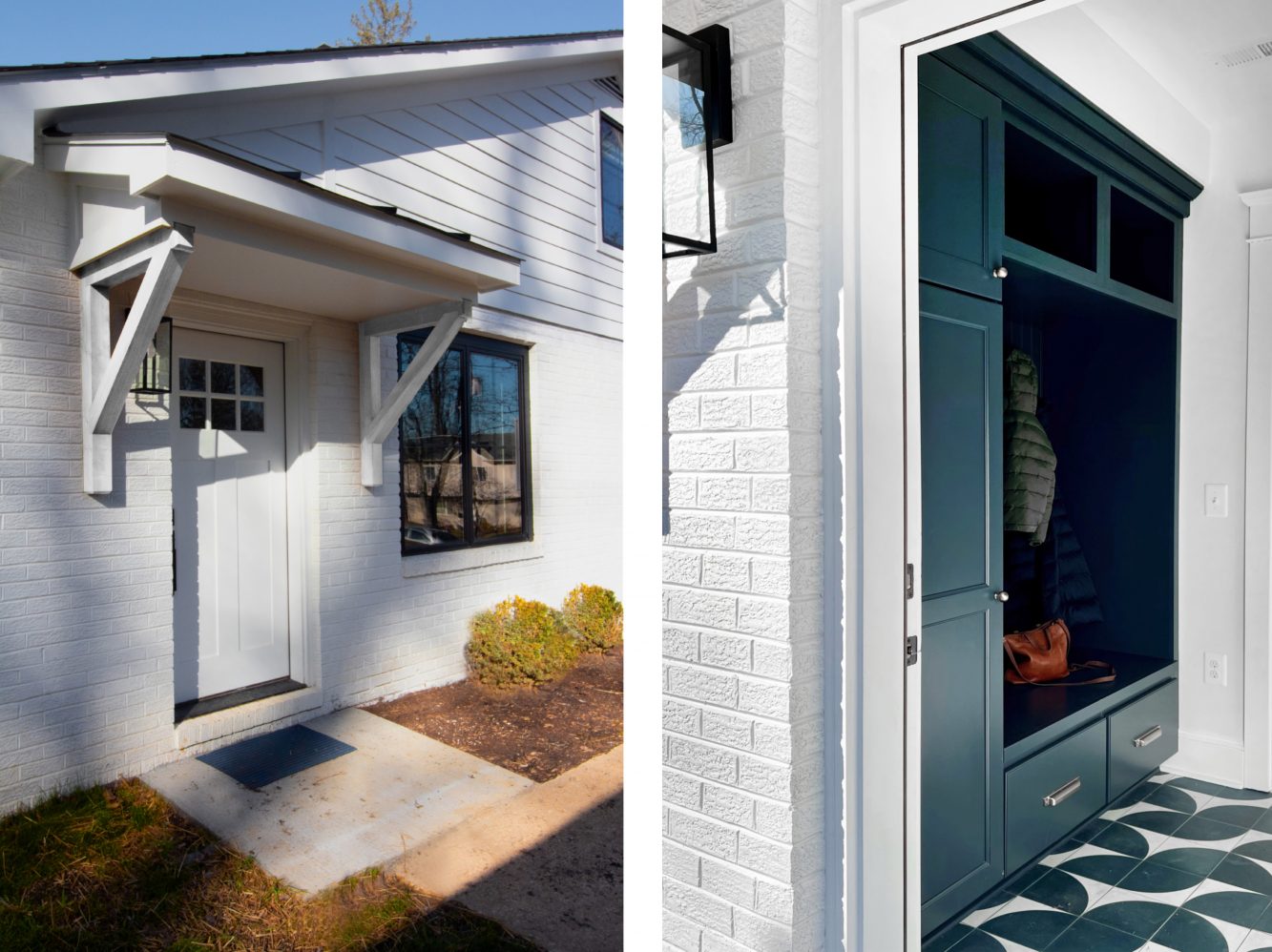 Exterior and Interior view of home addition, covered entry and stylish, hardworking mud room showing playful blue tile and built-in cabinetry